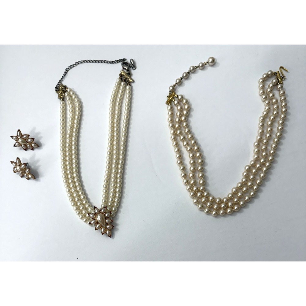 Vintage 4pc Costume Jewelry Lot Pearl Necklaces & Earrings
